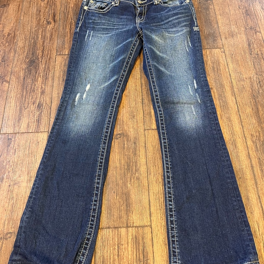 Miss Me Blue Boot Cut Jeans with Distressed Detailing